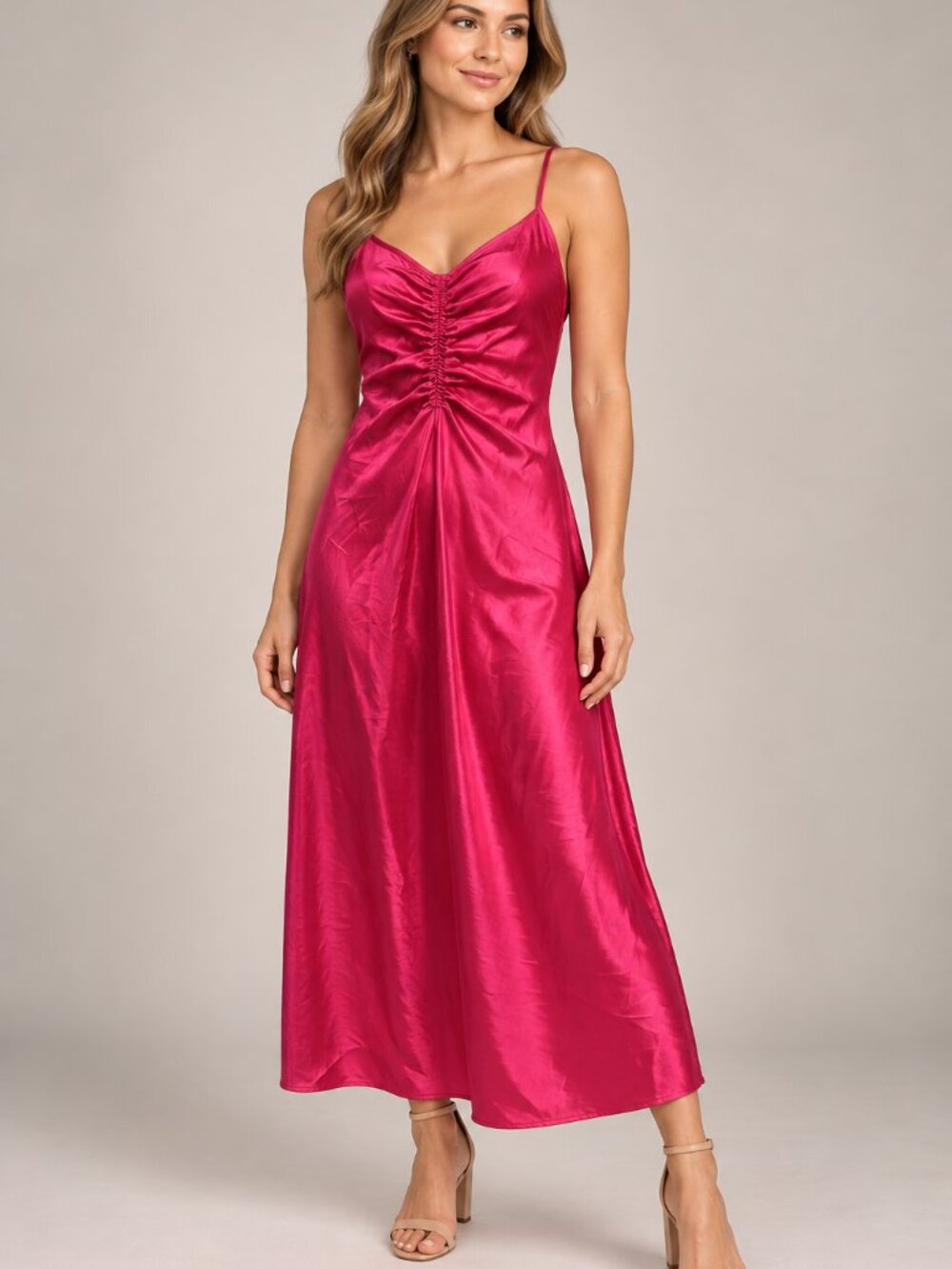 A New Day Small Pink Satin Slip Maxi Dress Ruched Front Y2K Minimalist